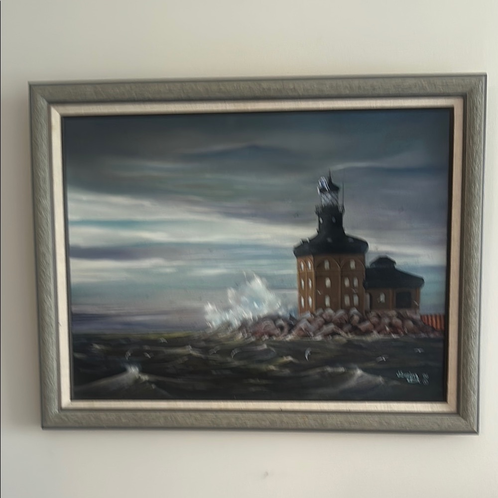 Seascape Lighthouse Painting with Gray Frame - Picture 4 of 4